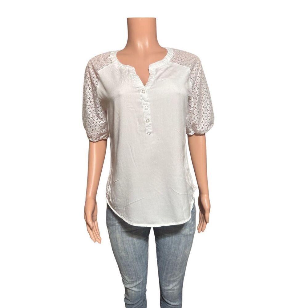 Retrology short embroidery sleeve white Henley blouse M